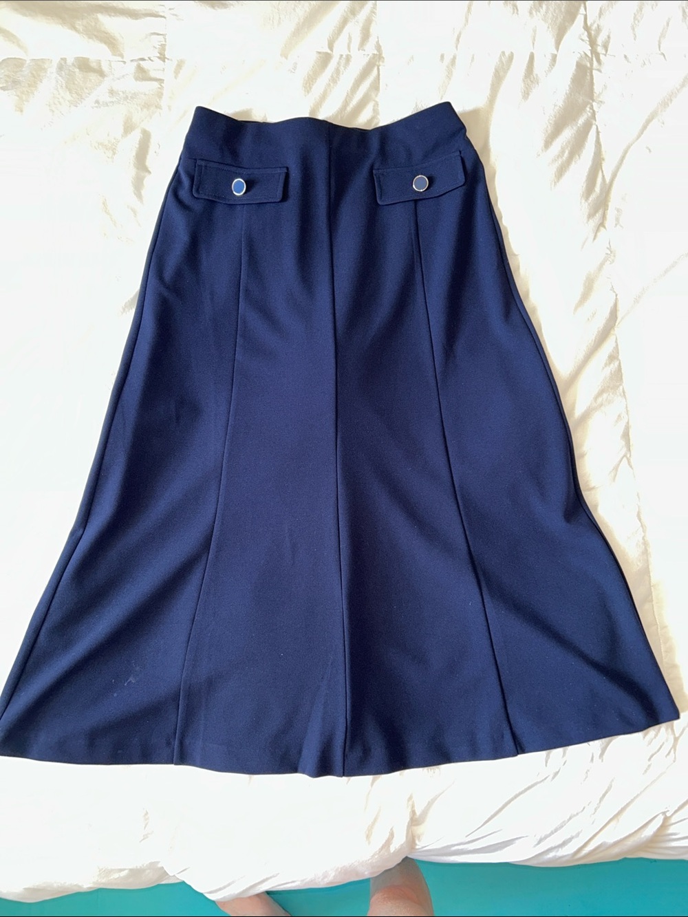 Women's Navy A-Line Midi Skirt with Decorative Front Tabs. Size S